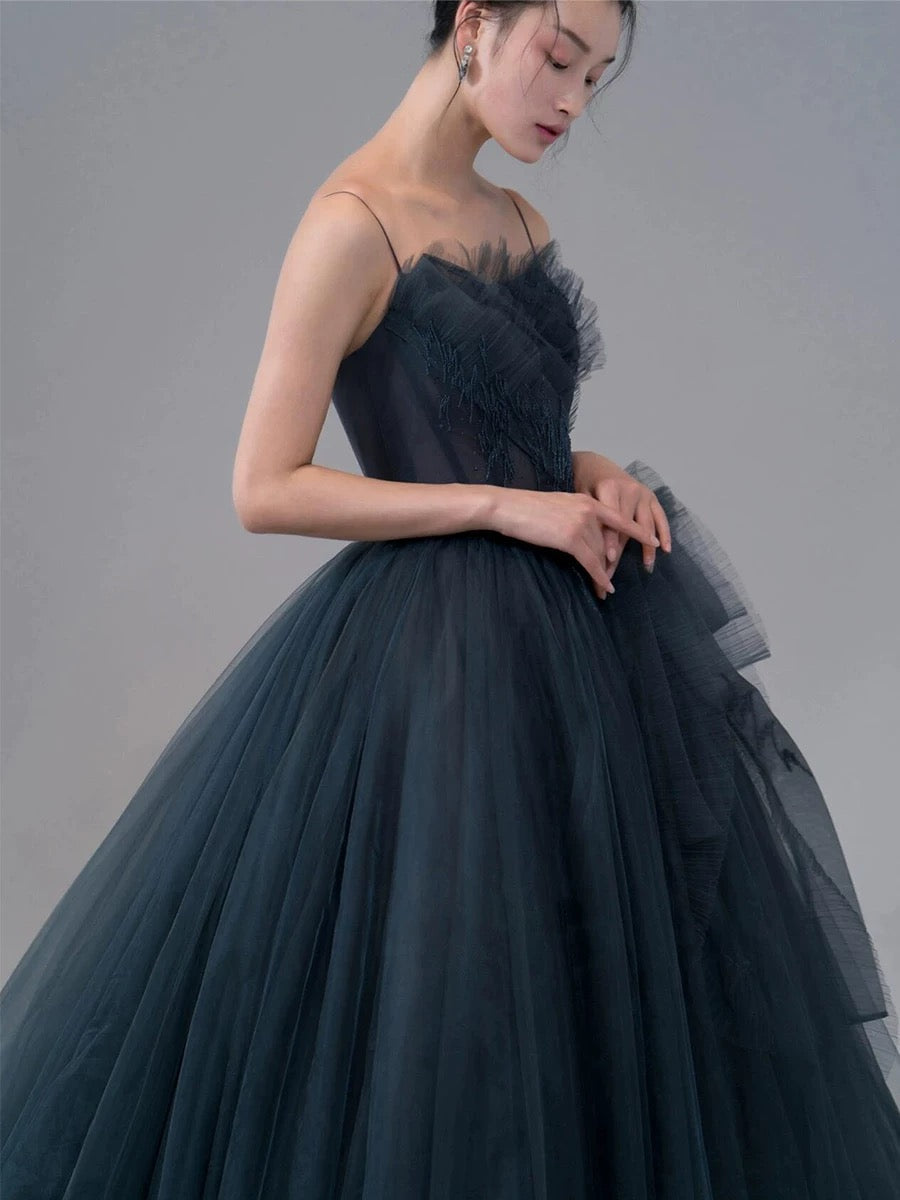 Sexy Ball Gown Spaghetti Straps Neckline Gray Tulle Evening Dress Prom Dresses