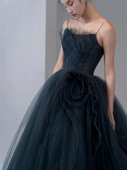 Sexy Ball Gown Spaghetti Straps Neckline Gray Tulle Evening Dress Prom Dresses