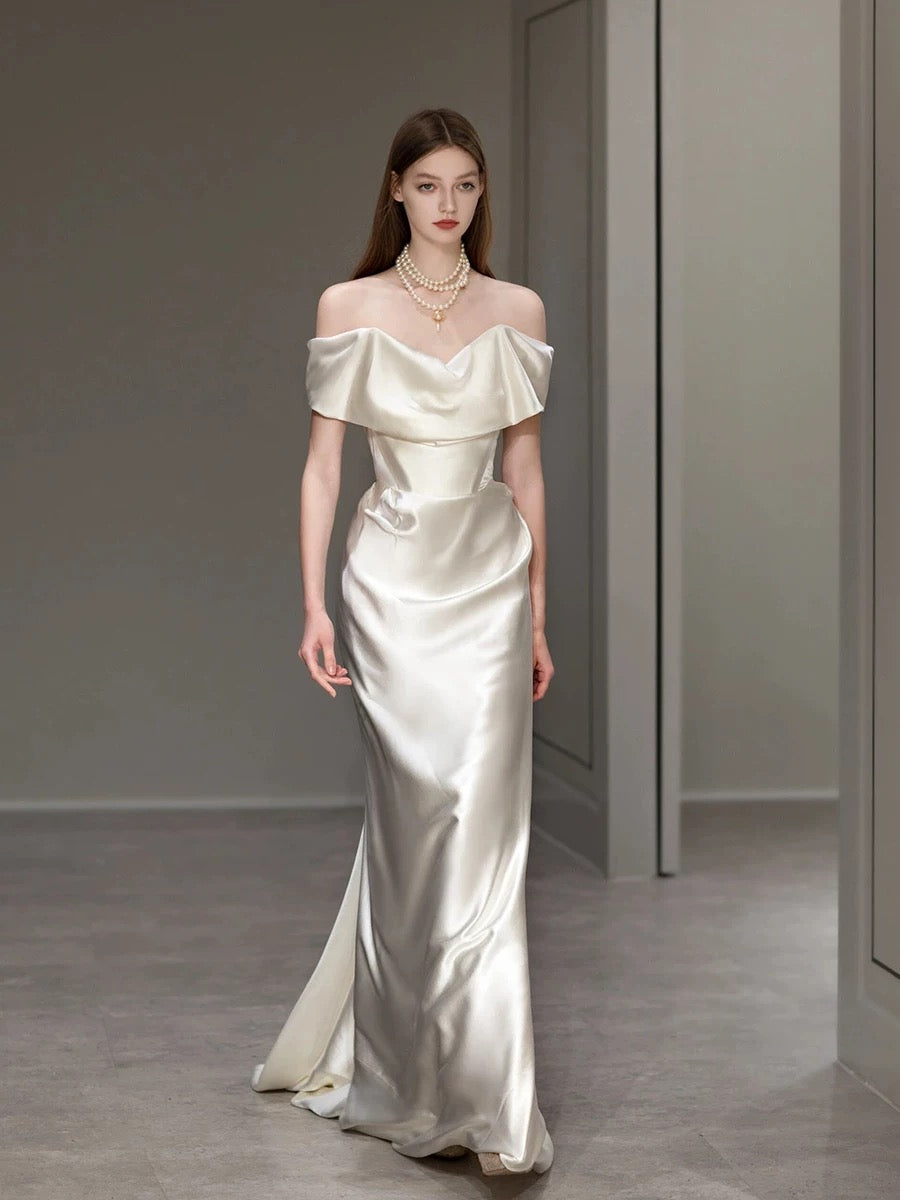 Elegant Mermaid Off The Shoulder Satin Short Sleeves Wedding Dresses Brides Dress H2868