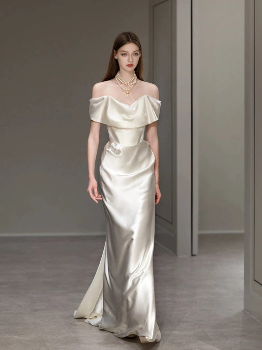 Elegant Mermaid Off The Shoulder Satin Short Sleeves Wedding Dresses Brides Dress H2868