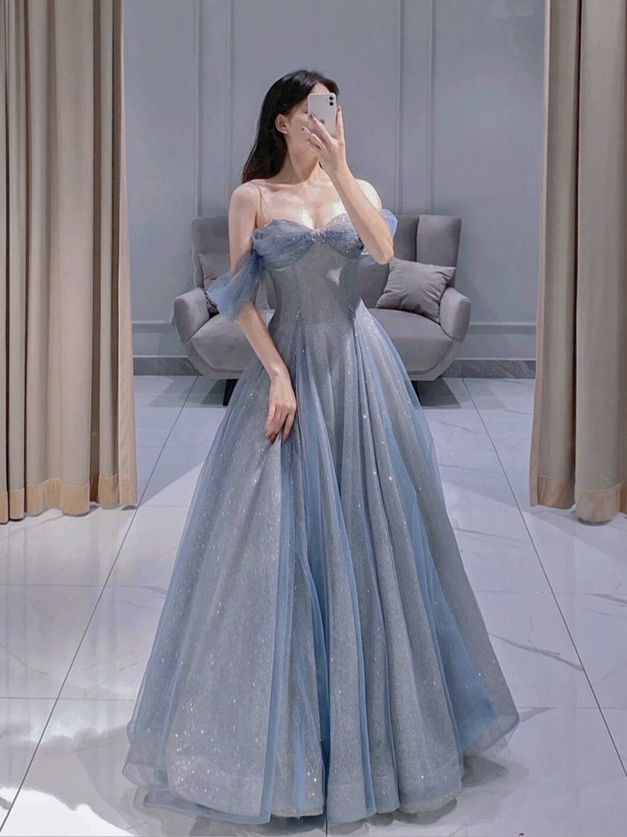 Classy Ball Gown Spaghetti Straps Sequin Evening Dress Long Prom Dresses H2878