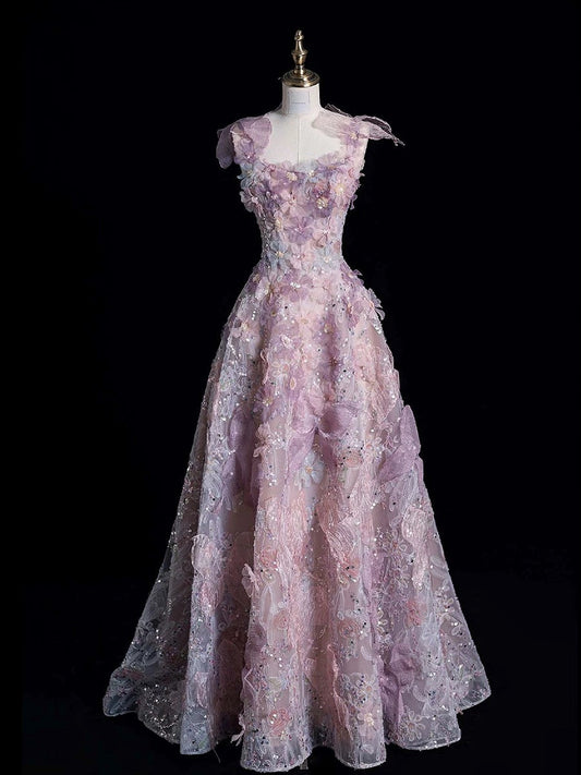 Classy Ball Gown Straps Pink Floral Evening Dress Long Prom Dresses H2880