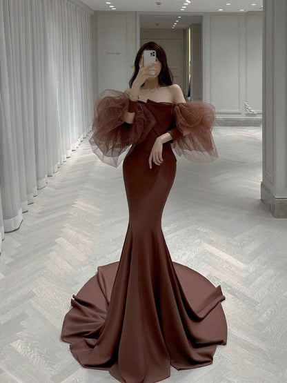 Classy Mermaid Off The Shoulder Satin Brown Evening Dress Long Prom Dresses H2885