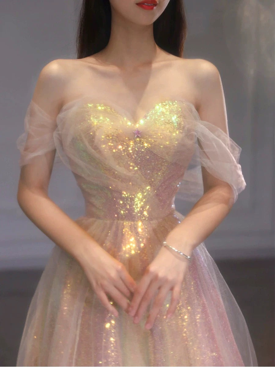 Classy Elegant Ball Gown Off The Shoulder Pink Short Sleeves Tulle Long Prom Dresses H2894