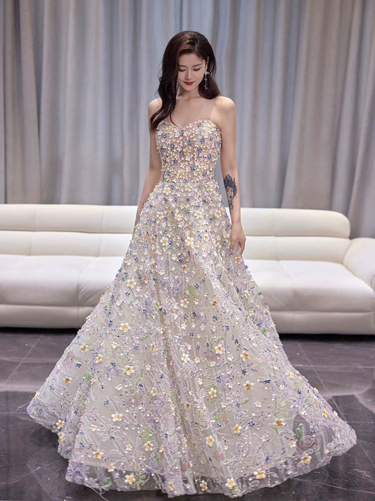 Classy Elegant Ball Gown Sweetheart White Flowers Tulle Long Prom Dresses H2895