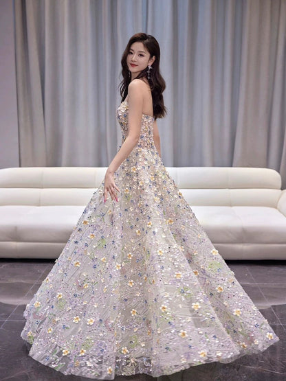 Classy Elegant Ball Gown Sweetheart White Flowers Tulle Long Prom Dresses H2895