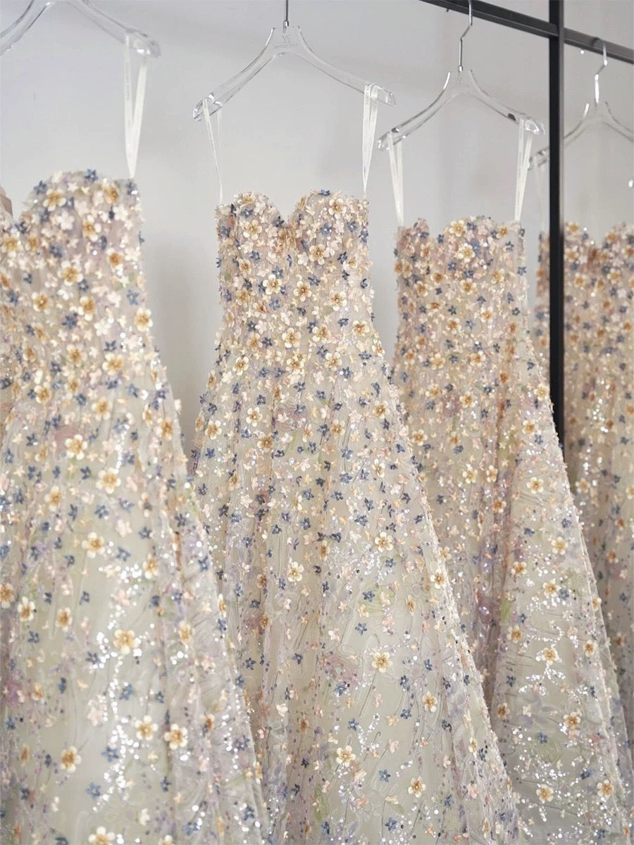 Classy Elegant Ball Gown Sweetheart White Flowers Tulle Long Prom Dresses H2895