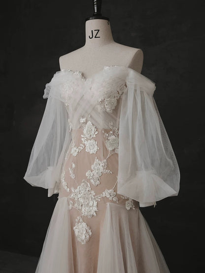 Elegant Mermaid Off The Shoulder White Lace Long Sleeves Wedding Dresses Brides Dress H2901