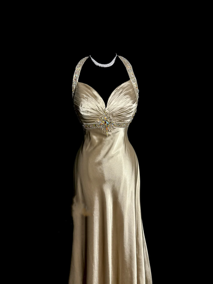 Aesthetic A line Halter Neckline Champagne Satin Prom Dress Ruffle Long Party Dress SD2908