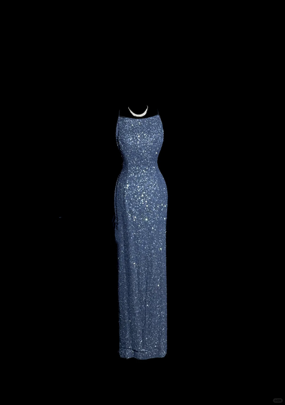 Vintage Mermaid Boat Neck Blue Sequin Backless Prom Gown Fairy Prom Dresses
