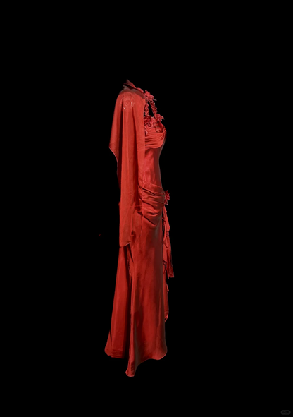 Aesthetic Mermaid Halter Neckline Red Satin Prom Dress Ruffle Long Party Dress SD2912