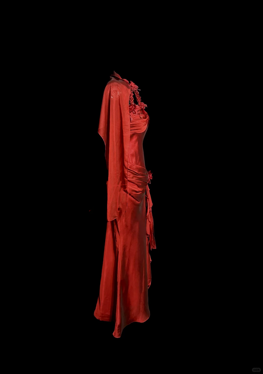 Aesthetic Mermaid Halter Neckline Red Satin Prom Dress Ruffle Long Party Dress SD2912