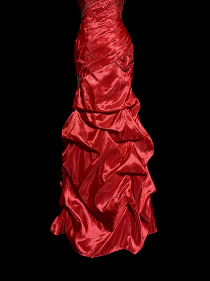 Aesthetic Mermaid Strapless Neckline Red Taffeta Prom Dress Ruffle Long Party Dress SD2917