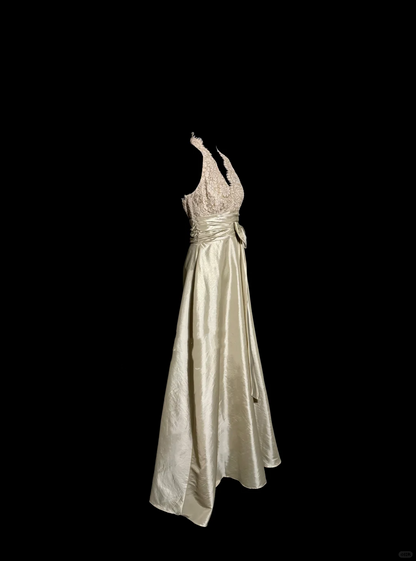 Vintage A line V Neckline Champagne Lace Prom Gown Fairy Prom Dresses