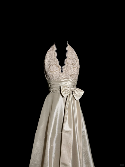 Vintage A line V Neckline Champagne Lace Prom Gown Fairy Prom Dresses