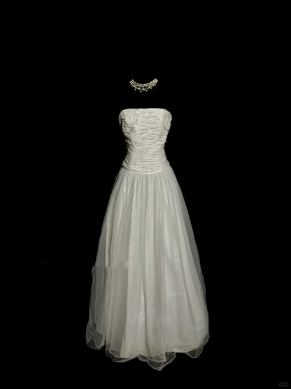 Vintage Ball Gown Strapless Tulle White Prom Gown Fairy Prom Dresses