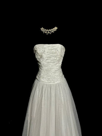 Vintage Ball Gown Strapless Tulle White Prom Gown Fairy Prom Dresses