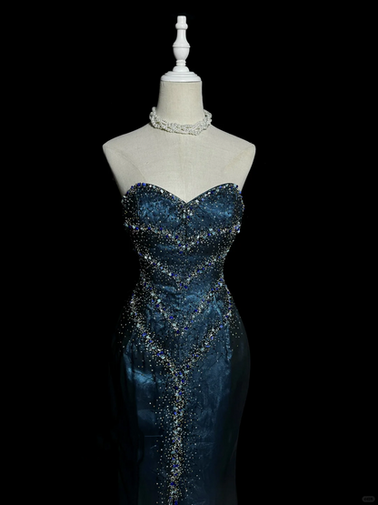 Vintage Mermaid Sweetheart Sleeveless Long Blue Slit Prom Gown Fairy Prom Dresses