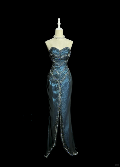 Vintage Mermaid Sweetheart Sleeveless Long Blue Slit Prom Gown Fairy Prom Dresses