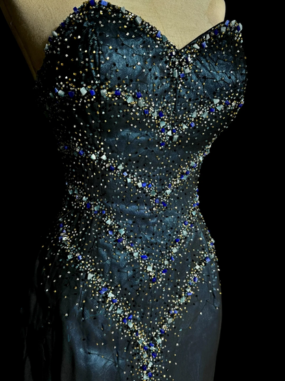 Vintage Mermaid Sweetheart Sleeveless Long Blue Slit Prom Gown Fairy Prom Dresses