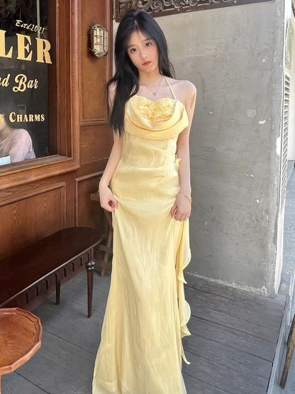 Vintage Yellow Halter Neck Floral Prom Gown Fairy Princess Prom Dress