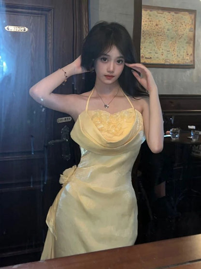 Vintage Yellow Halter Neck Floral Prom Gown Fairy Princess Prom Dress
