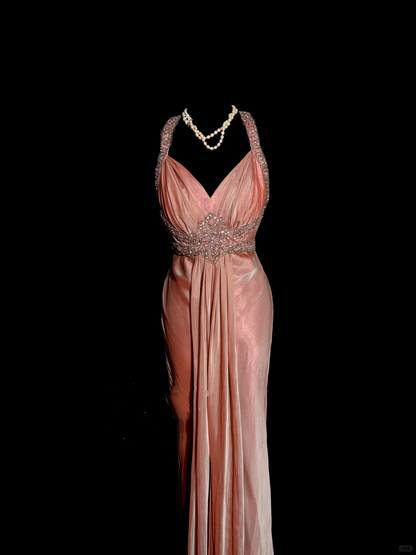 Classy A Line Halter Pink Beads Evening Dress Long Prom Dresses H2956