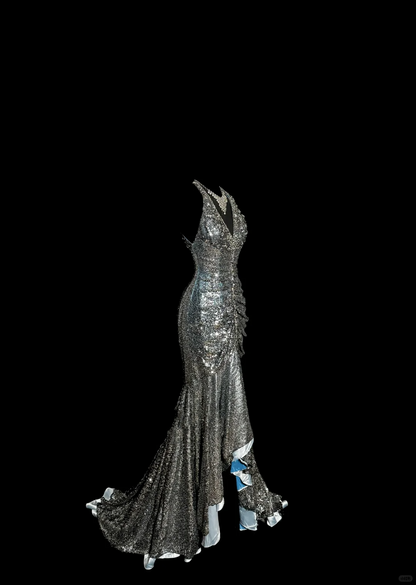 Vintage Mermaid V Neckline Gray Sequin Long Prom Gown Fairy Prom Dresses