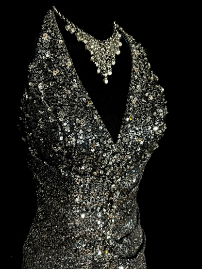 Vintage Mermaid V Neckline Gray Sequin Long Prom Gown Fairy Prom Dresses