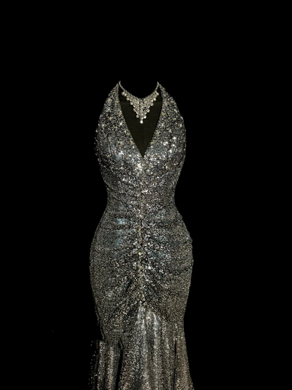 Vintage Mermaid V Neckline Gray Sequin Long Prom Gown Fairy Prom Dresses
