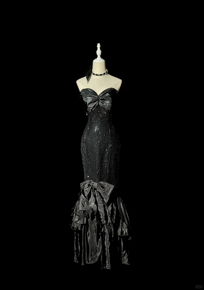 Vintage Mermaid Sweetheart Black Sequin Long Prom Gown Fairy Prom Dresses