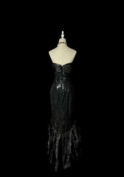 Vintage Mermaid Sweetheart Black Sequin Long Prom Gown Fairy Prom Dresses