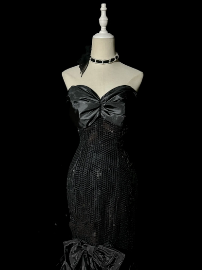Vintage Mermaid Sweetheart Black Sequin Long Prom Gown Fairy Prom Dresses