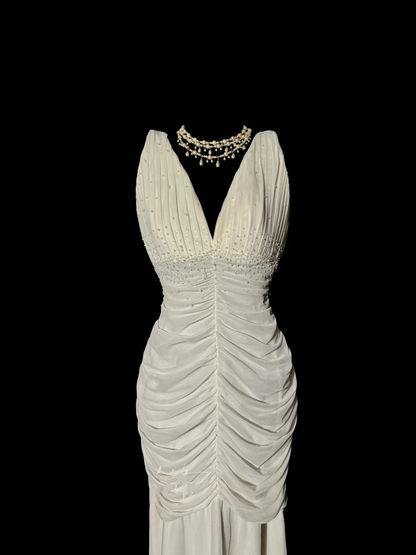 Classy Mermaid V Neckline Chiffon White Beads Long Evening Dress Prom Dresses H2965