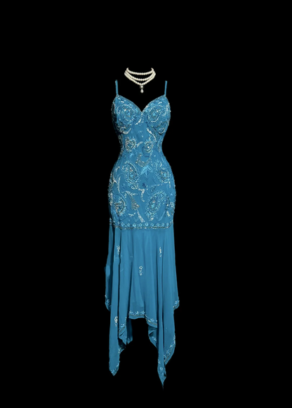 Classy Elegant Sheath Spaghetti Straps Blue Beading Sleeveless Chiffon Prom Dresses H2977