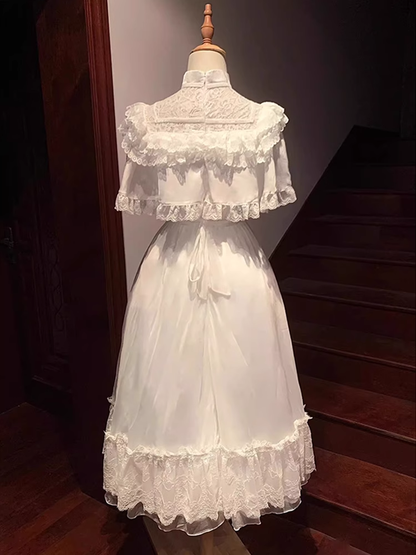 Chic Ball Gown High Neckline Floral ivory Lace Party Dresses Birthday Outfits With Short Sleeves