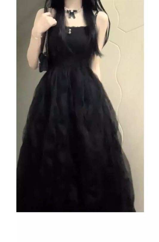 Chic Ball Gown Spaghetti Straps Black Tulle Long Birthday Dresses Birthday Outfits