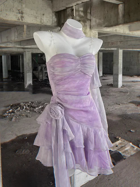 Retro Light Purple A-line Spaghetti Strap Short Lilac Homecoming Dress 17th Birthday Dress D1532
