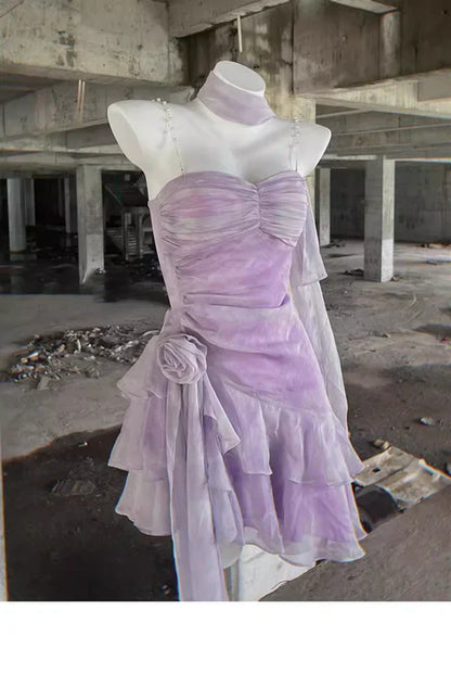 Retro Light Purple A-line Spaghetti Strap Short Lilac Homecoming Dress 17th Birthday Dress D1532