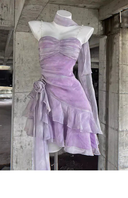Retro Light Purple A-line Spaghetti Strap Short Lilac Homecoming Dress 17th Birthday Dress D1532