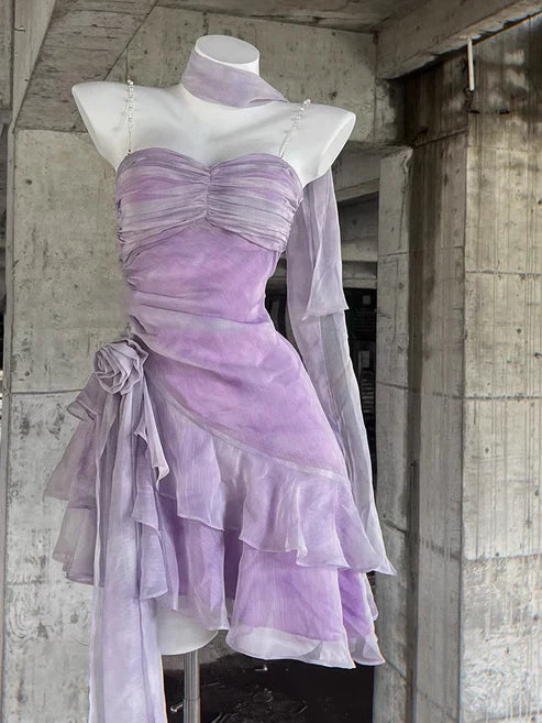 Retro Light Purple A-line Spaghetti Strap Short Lilac Homecoming Dress 17th Birthday Dress D1532