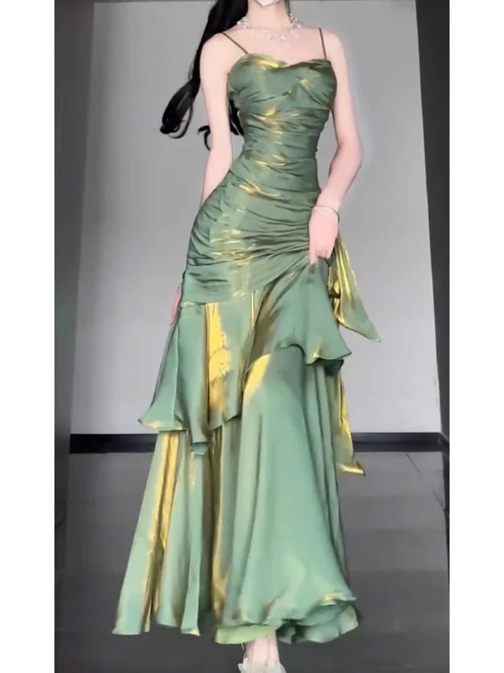Vintage Green Spaghetti Strap Ruffle Design Elegant A-line Satin Evening Dress Prom Dress D1598