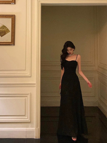 French A line Spaghetti Straps Black Long Lace Prom Dresses Birthday Outfits Evening Gown