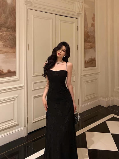 French A line Spaghetti Straps Black Long Lace Prom Dresses Birthday Outfits Evening Gown