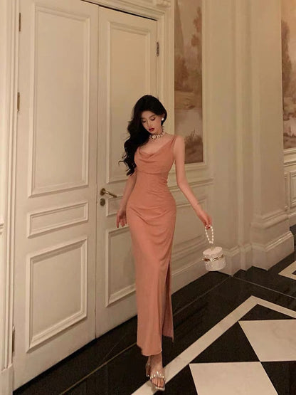 French Sheath Jewel Pink Pleated Prom Dresses Birthday Outfits Evening Gown
