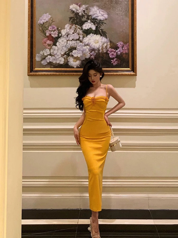 French Sheath Spaghetti Straps Yellow Flower Prom Dresses Birthday Outfits Evening Gown