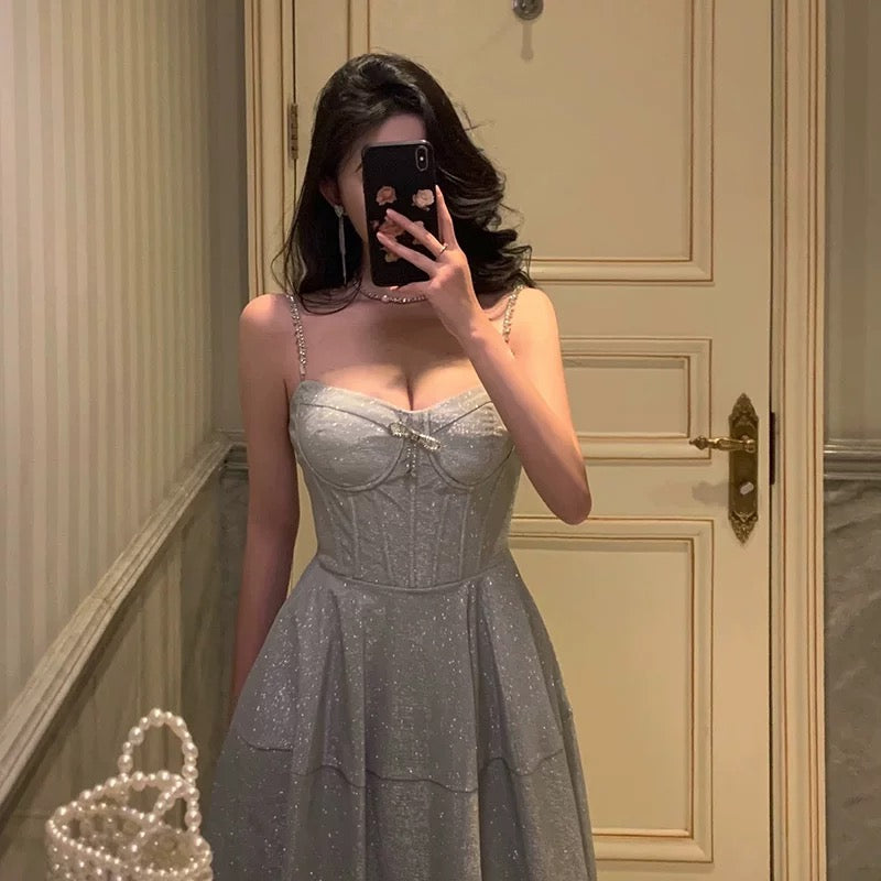Pretty A Line Spaghetti Straps Pleated Silver Gray Sequin Prom Dresses Birthday Outfits Evening Gown