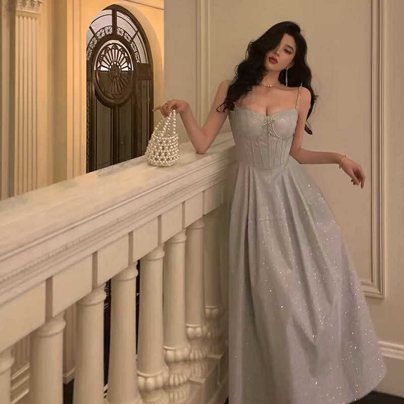 Pretty A Line Spaghetti Straps Pleated Silver Gray Sequin Prom Dresses Birthday Outfits Evening Gown