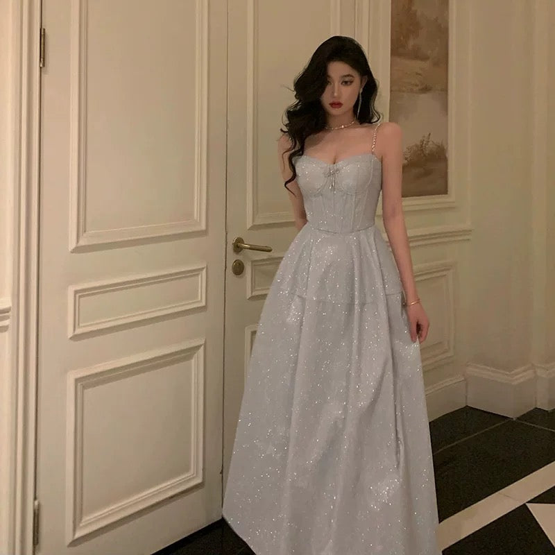 Pretty A Line Spaghetti Straps Pleated Silver Gray Sequin Prom Dresses Birthday Outfits Evening Gown