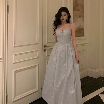 Pretty A Line Spaghetti Straps Pleated Silver Gray Sequin Prom Dresses Birthday Outfits Evening Gown
